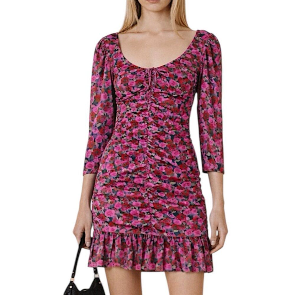 Ganni Floral Mesh Ruched Mini Dress Fiji Flower Pink Red Size EU 42 / M NWT